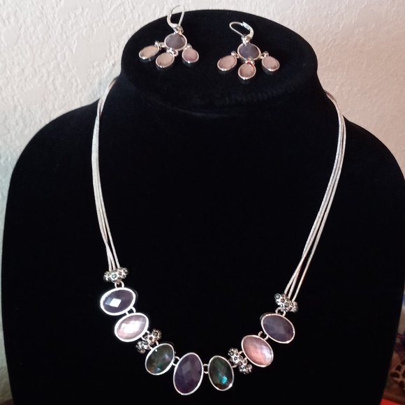 Napier Silver-Tone Egg Shaped Purple Landscape Collar Necklace and Earings - Picture 1 of 5